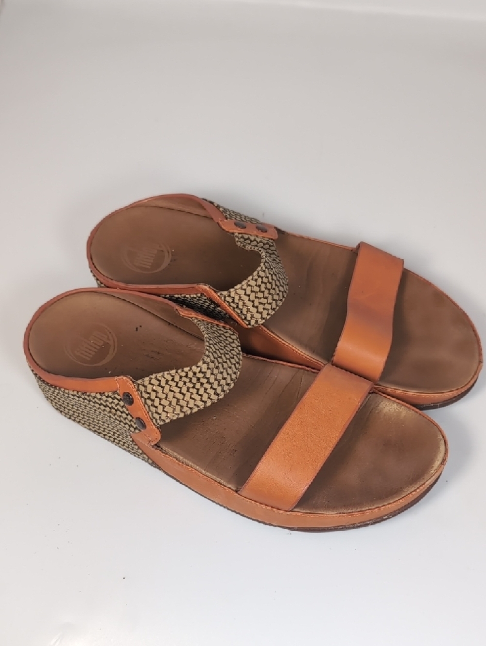 Tan Leather Slide Sandals with Braided Strap